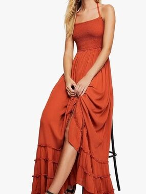 Rust Orange Smocked Maxi Dress with Tiered Ruffle Hem